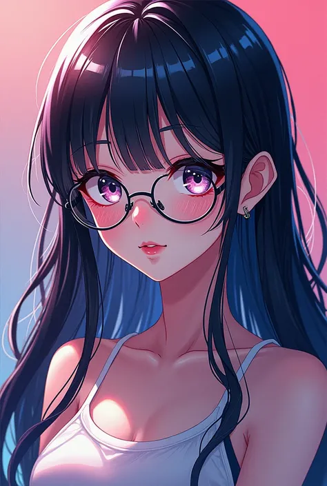  An image in the style of the anime Dandadan with a girl with long dark hair with white locks, light eyes, fair skin with glasses 