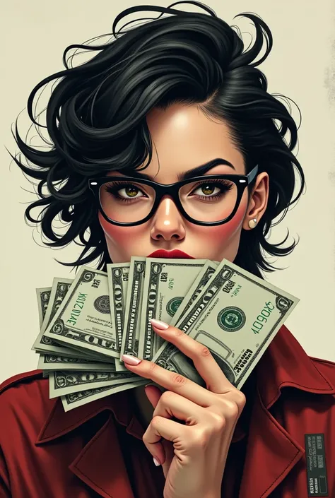 A tomboyish woman wearing glasses while biting money