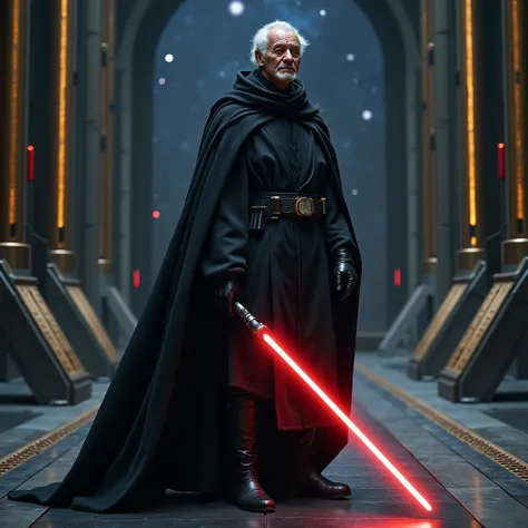  An elderly man of 100 years of age .  With deep yellow eyes .  with scars on the face . With a mellow smile .  He wears black Jedi robes .  He is wearing a wide black hood .  He wears black boots .  He carries a light sabre with a single red blade.  He is...