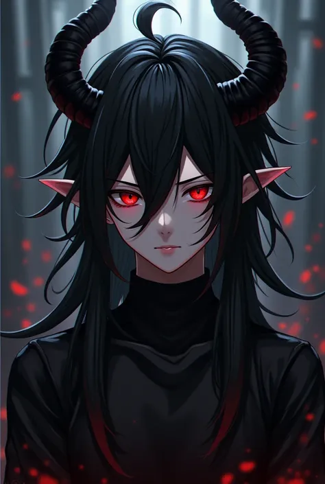  Anime Boy, with long black hair, With demon horns, and black clothes,  with red eyes  