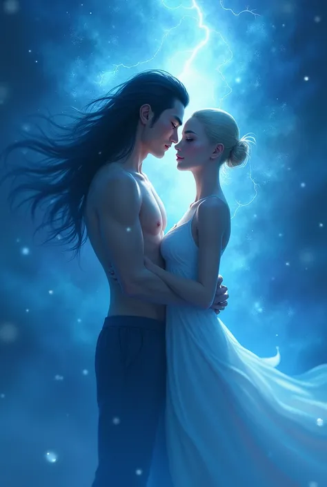  It is an astral journey with blue colors in the background ,  in the foreground a couple loving each other in all their splendor, The man is tall, Dark Chinese hair, You are light and freckles .  The woman is bald  , average height,  light brown tea , and...