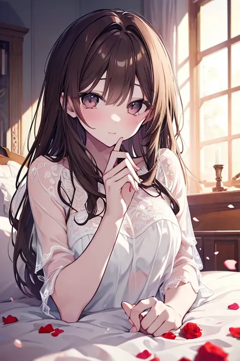 a beautiful young woman, sensual expression, longing gaze, messy brown hair, wearing a white see-through nightgown, laying on a bed, rose petals scattered around, candlelight, soft focus, warm color palette, romantic, photorealistic, high quality, detailed