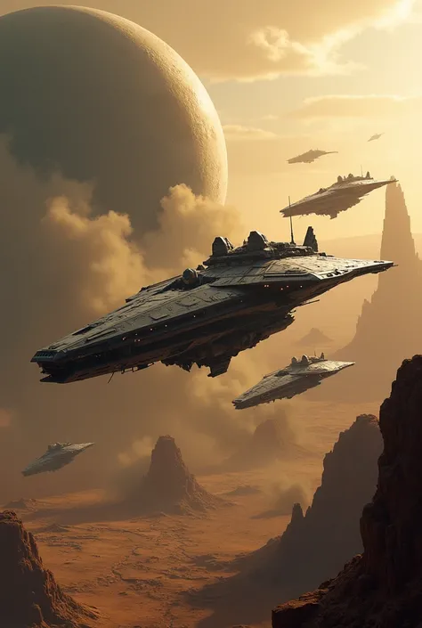 Spaceship fleet approaching a desolate planet 