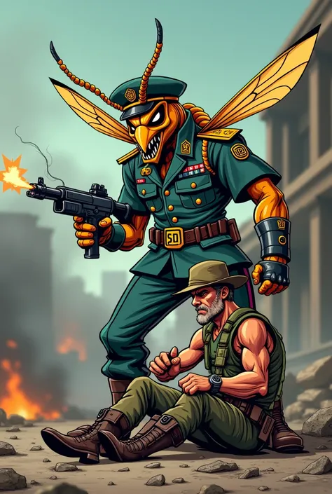 Cartoon of an evil wasp in uniform with a gun by a smoking rambo