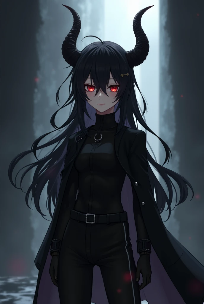  Anime Boy, with long black hair, With demon horns, and black clothes,  with red eyes , standing 