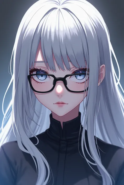 Image from the anime Dandadan featuring a girl with long silver hair with white locks, light eyes, fair skin with black glasses 