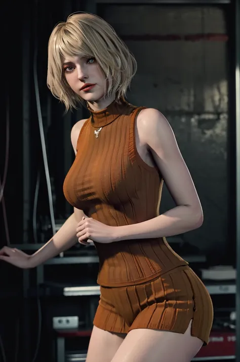 1girl, blurry, photo_(medium), realistic, long_hair, sleeveless, solo, body_looking_at_viewer, blonde_hair, shirt, bare_shoulders, green_eyes, upper_body, parted_lips, sweaty lips, turtleneck, bob_cut, sleeveless_turtleneck, orange_tight_shirt, Ashley, 3d,...