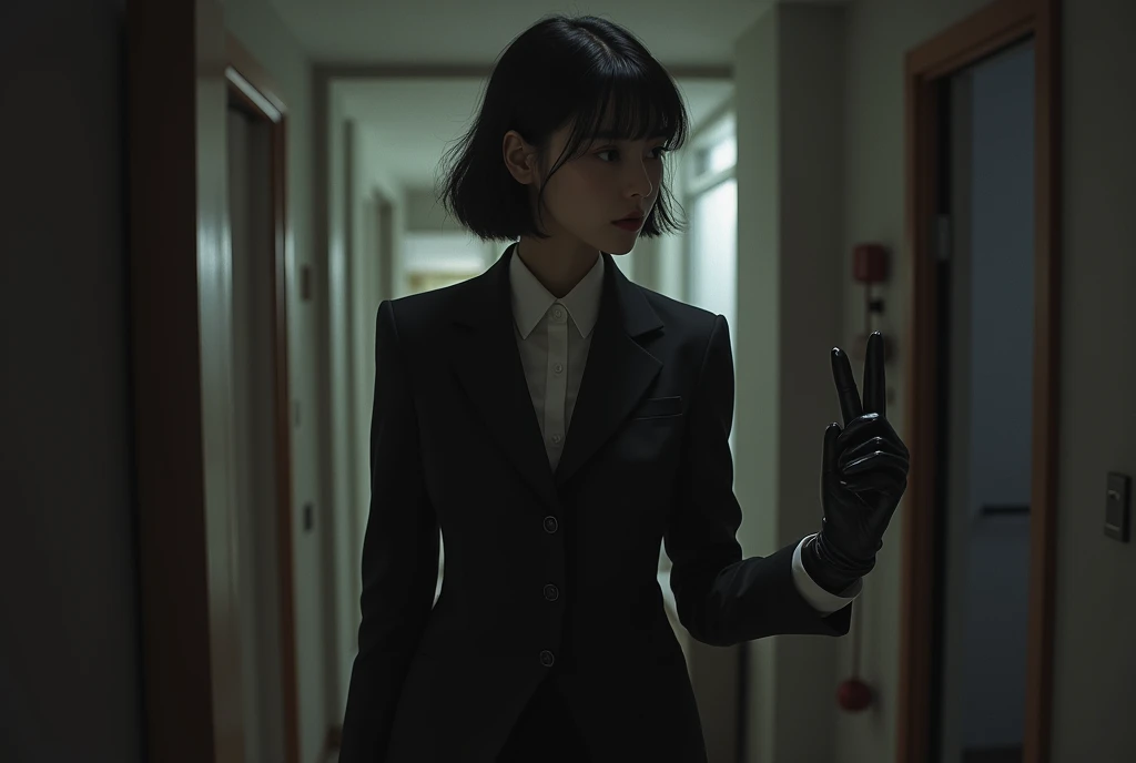 The background is a room in an apartment building at night
Japanese beauty in suit and black leather gloves