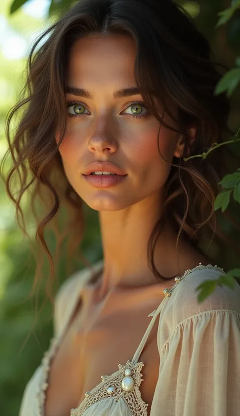 a 27 year old woman with wavy hair and green eyes, refined features, bohemian style, detailed portrait, realistic, photorealistic, high quality, 8k, best quality, masterpiece, ultra-detailed, vivid colors, natural lighting, natural lighting, sharp focus.