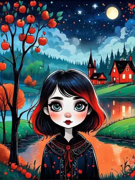 Cartoon hand drawn, 1girl, solo, Cute young attractive girl，Strong Gothic makeup, A village by the lake with a birch forest and an apple orchard，Starry nights，Gloomy and foggy atmosphere，The cute absurdity、The attraction and rejection of extraordinary appe...