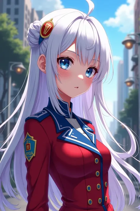 Create an anime girl with white hair with red and UA uniform