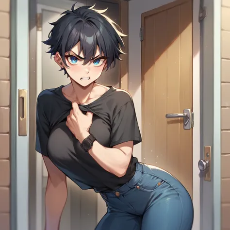 a tomboy with black hair and blue eyes. she is standing in your outside your front door. she has on a black tshirt and blue jeans. she looks angry at you.