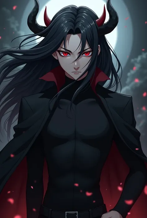 anime man, with long black hair, With demon horns, and black clothes,  with red eyes ,