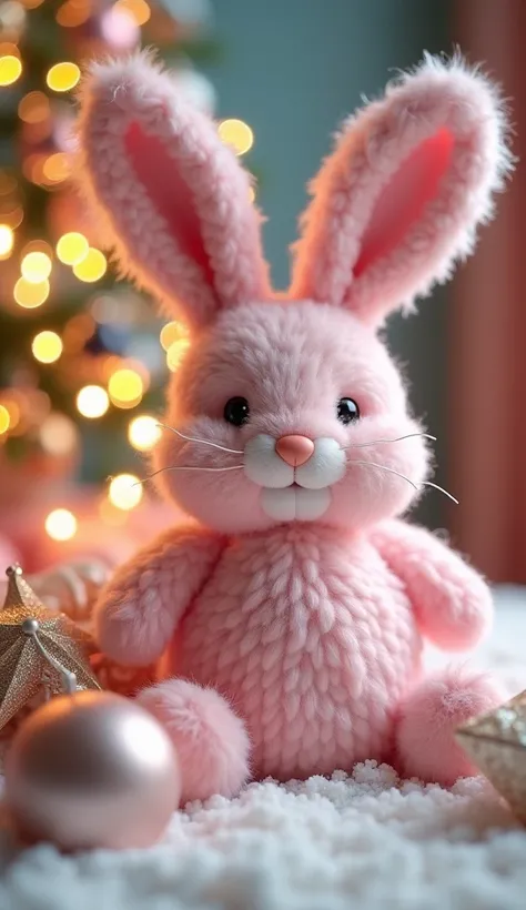 A cute plush rabbit made of light pink yarn、 background is Christmas、 Ornaments 