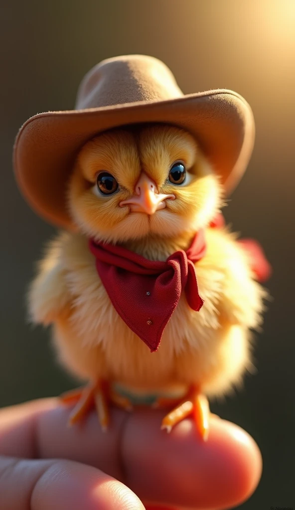 A highly detailed, photorealistic image of a small chick perched on a human fingertip. The chick is wearing a cowboy hat and a red bandana tied around its neck. The feathers are fluffy and golden brown, with intricate feather textures and soft shadows. The...