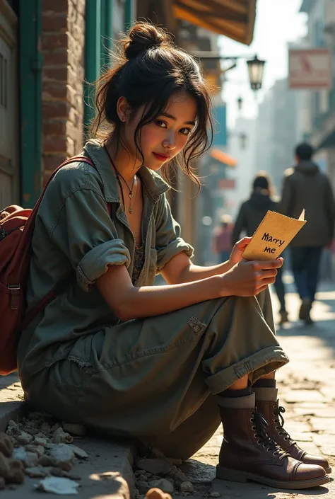  ((masterpiece)), ((ray-tracing )), detailed, poor lady , sitting near garbage, 22 year age , rugged torn torn clothes, dirt on her face, sitting on street, poster in her hand "Marry me*, people walking in front of her