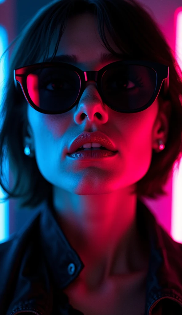 close-up do rosto, Alternative girl,  looking over black sunglasses, jacket, collar,  neon light reflections on the skin, earring, makeup,  skin imperfections ,  short hair, hat, neon light background , low light,  depth of field, highly detailed,  high co...