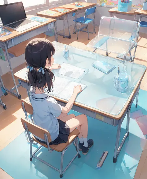 An elementary school student is sitting on a chair facing the desk, a soft mat like transparent silicone is placed on the desk, a desk mat, a transparent soft desk mat, an elementary school students desk, studio light illustration 