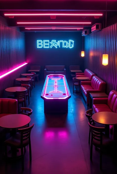 Dining area for Pint pong, a beer pong game bar with 2 beer pong tables parallel to each other, 3 two-person couches with 3 circle tables, 4 high chair on the side parallel to the beer pong tables. Color scheme: bright neon lighting, black walls and semi d...