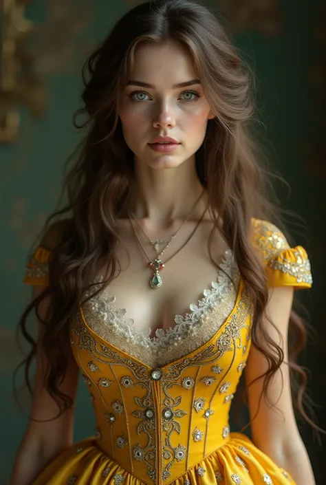 woman full body very long brown hair white eyes wearing a 19th century yellow dress with jewels