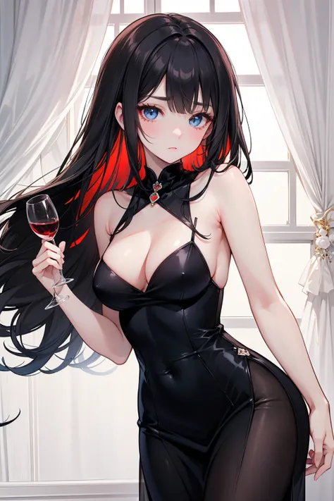  has long, dark hair ， with warm blue eyes  ，Black eyebrows、Clear and bright eyes，The lines of the facial features are soft and graceful，Cold and elegant，Refined spirit，There is no flaw at all。 The skin is white and red ，Wearing a gorgeous evening dress ，H...