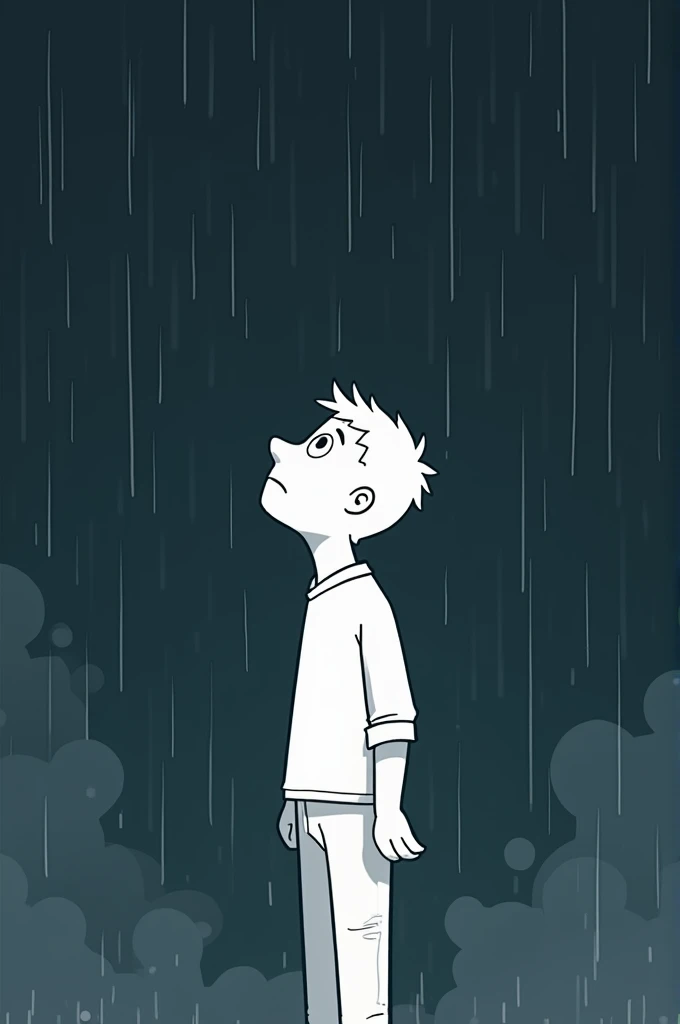 A white cartoon silhouette of a man looking up in the rain