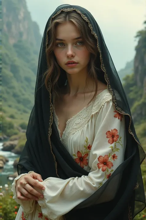 Young woman with light brown hair ,  light brown eyes,  white skin with torn black lenses and wearing a white dress with red flowers,  embraced by God and a beautiful landscape of backgrounds  