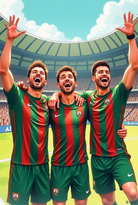 Three male soccer fan friends celebrating, with green and red vertical striped shirt, in the form of a drawing 