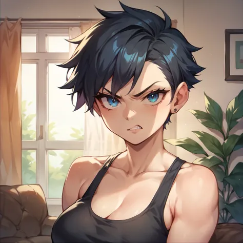 a tomboy with black hair and blue eyes. she is standing in your living room. she has on a black tank top and blue jeans. she looks angry at you.