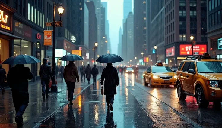 The rain poured down on the sidewalks of New York City streets