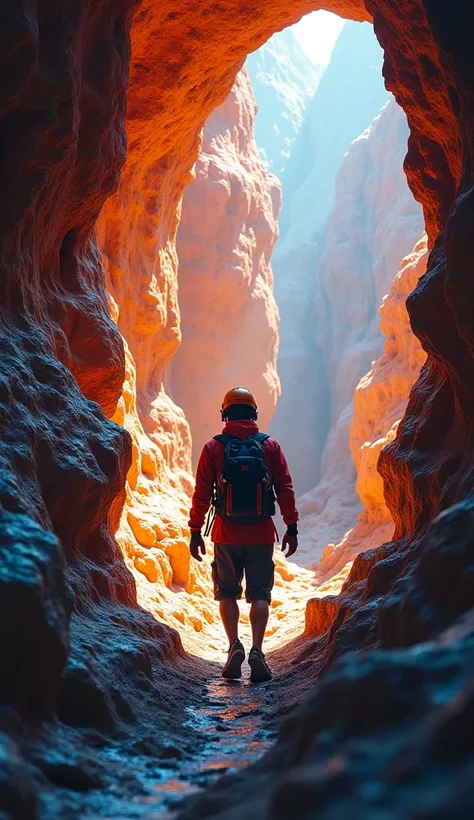 A man is caving, he is wearing sports clothes and has a helmet on his head. The cliffs have many beautiful colors, and the light in the cave shines warmly. Creates a very adventurous scene