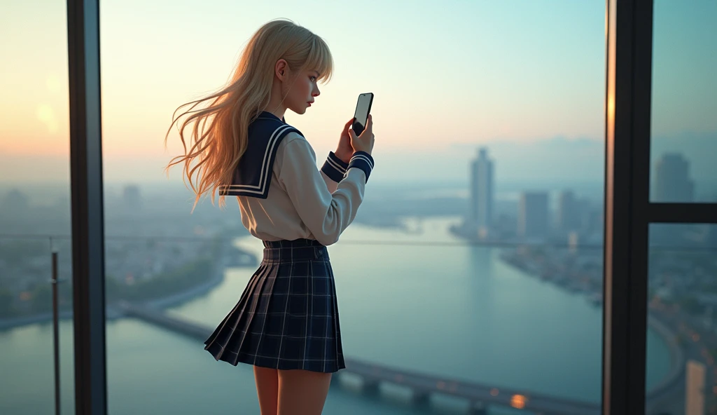  one girl ，(Very pretty high school girl:1.3)，masterpiece， top quality， high definition ，((( they love each other )))， RAW photos ， Ray Tracing ， physically-based rendering， pretty girl，(Age 15:1.4)， pretty girl，(detailed pupils:1.2)，(Standing on the balco...