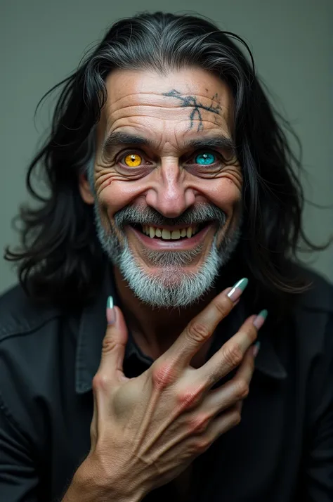 human male 1 , 70 with heterochromia ,  normal blue eye and normal yellowish green eye,  having larger, sharp canines smiling ,  long black hair cheek scar ,  arm hair and long nails 