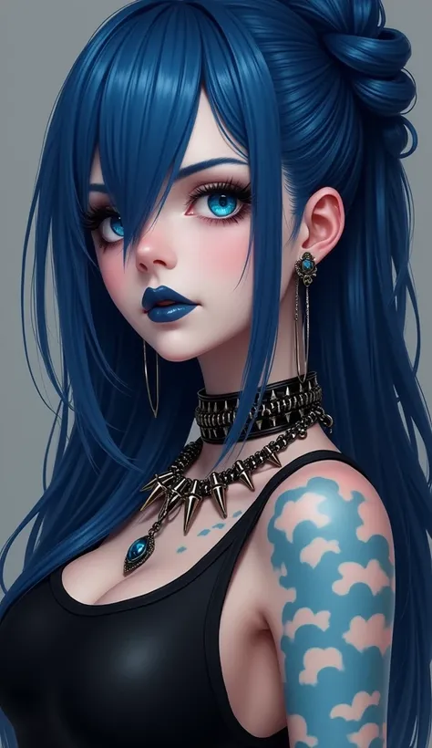 american shot. Extremely detailed photorealistic image depicting a female character of gothic or alternative aesthetics. The character has long blue hair styled in a side braid, striking blue eyes and wears dark blue lipstick. She is adorned with punk/goth...