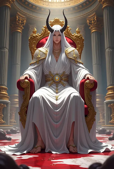 Make the image of a handsome sycopate demon king with lots of bodies and blood on the marble floor handsome demon king serious with horns luxurious white diamond clothing a huge throne room handsome man white silver hair handsome anime 