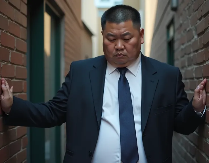  Best Quality ,  facial focus,  Ultra High Resolution , (Reality:1.4),  RAW Photo ,  A young obese Chinese man in a suit，Sad expression， white shirt ，Short hair flat head，Lips tightly closed，Dark blue tie、In the Alley ，One hand is pressing against the wall...