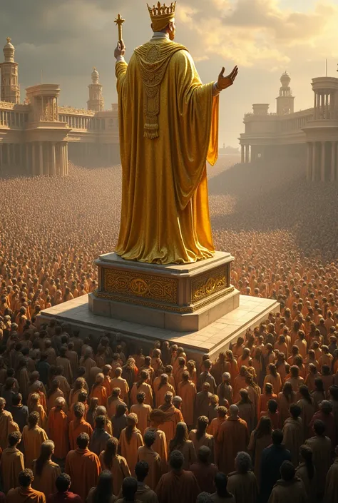  Crowd of people worshiping a golden statue of a king, all people are dressed like commoners  