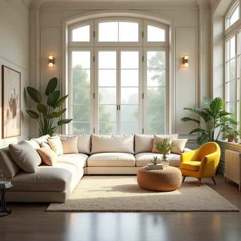 big white sofa ,  yellow sofa for 1, Spacious kitchen, large windows, warm, Luxurious