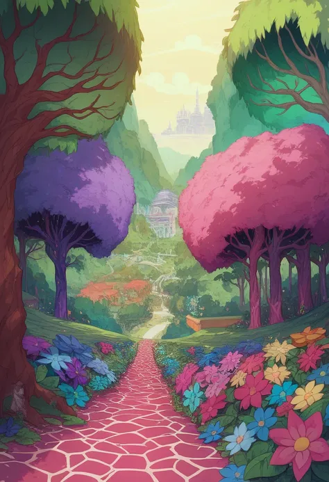 A vibrant and colorful version of a fantastical urban landscape where skyscrapers are intricately fused with elements of nature. The skyscrapers are covered with lush green vines, flowers in shades of pink, red, and purple, and dense, overgrown trees. The ...