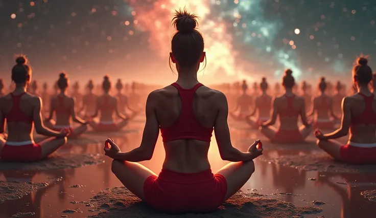 red sport bra, red sport short, six pack herself 1000000000000000000000000000 clones, sitting, meditation, in the space of the universe