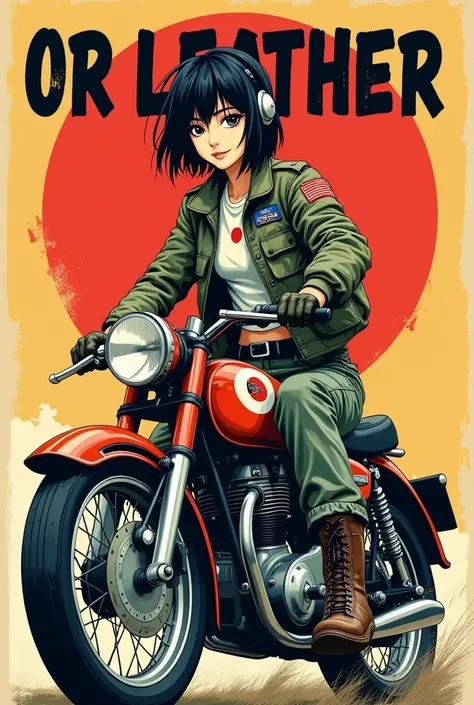 Pop Art style. A young, pretty, smiling Japanese woman with messy short black hair wears a stylish flight jacket with a Japanese flag patch on her shoulder, sturdy cargo pants, sturdy boots, a vintage helmet and gloves, and rides confidently on a vintage m...