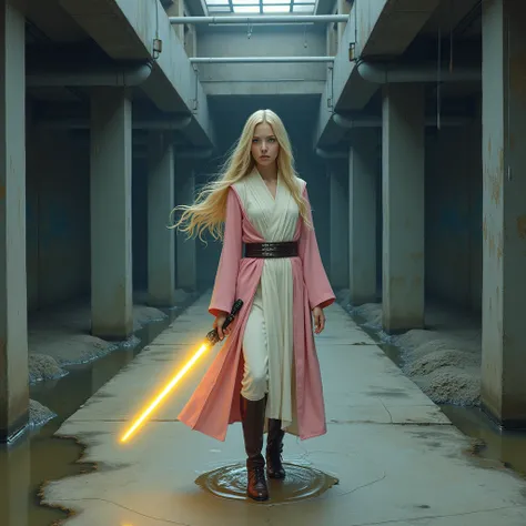 A  girl.  with long blond hair .  with blue eyes .  She wears white and pink Jedi tunics .  She carries in her hand a single-leaf lightsaber of yellow color.  Shes standing in the middle of a concrete path , in a defensive posture . Around it there are poo...