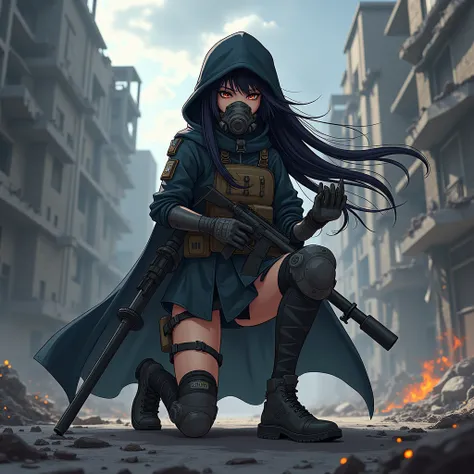  animated picture.  A beautiful girl with white skin over a pretty cat . Long black hair .  Clothes like a dark apocalypse survivor, and various equipment and knee pads,  wearing a bulletproof vest and wearing a gas mask that only covers her mouth .  holdi...