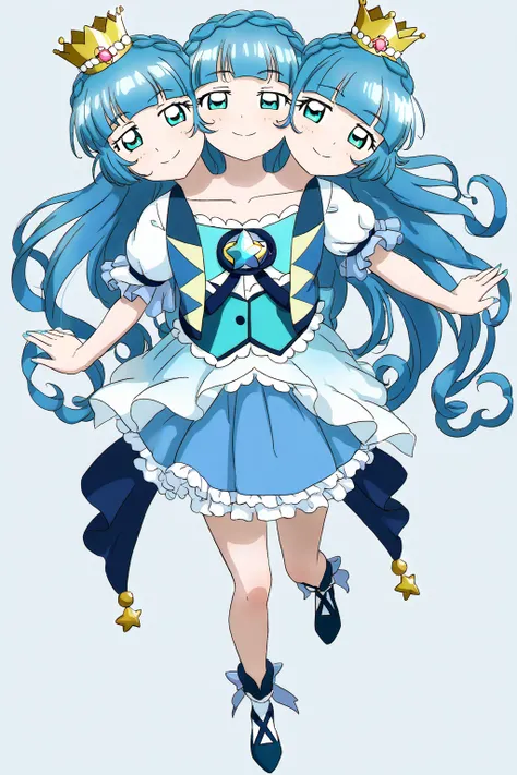 (masterpiece, best quality), (detailed), best resolution, 16k, full body, 1girl, solo, (conjoined, two heads, three heads:1.5), ((blue magical girl)), magical girl outfit, exposed collarbone, crown braid, ribbon on chest, frilly khaki skirt, a frilly butto...