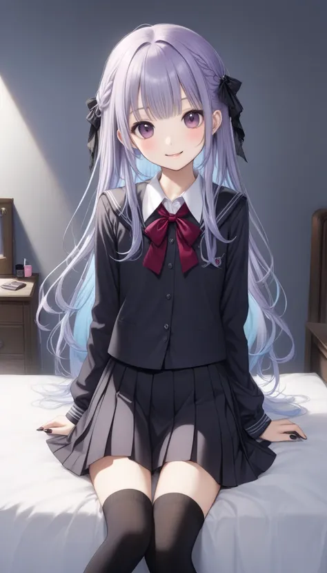   ONE CUTE -OLD GIRL ,Young Face、 slim figure、Thin legs、7.5 heads、((Beautiful thin purple silver hair ))、( light blue inner colored hair )、(( long, cute hairstyle with the tips of the hair neatly aligned))、((( her very thin body stands out in slightly expo...