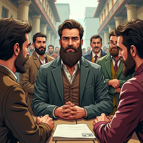  An illustration of Vicente Piedradita has a beard of about 30 years old, formal clothing, carbo at meetings with local leaders, authorities in Daule in ancient times for a comic book. 