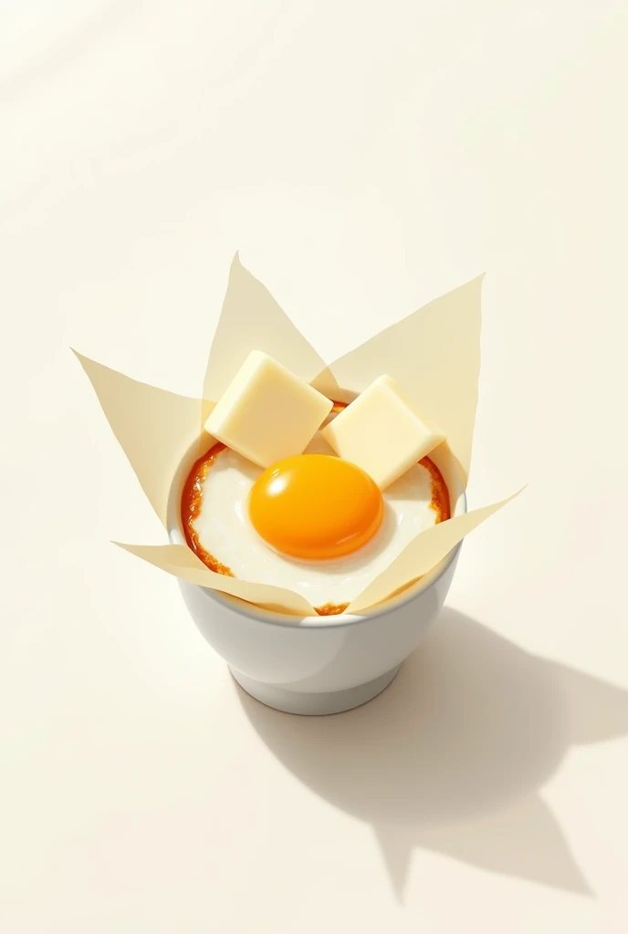 하얀색 간장 종지에 담긴, Fried Egg.  wrapped in white soy sauce paper is filled with square mozzarella cheese on top.  Ghibli animation-like on white paper 