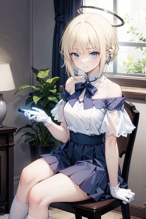  Very detailed ,   masterpiece  ,     is the best quality , ,     Soft Smile , Smile gently,  Modern style living room ， blue eyes,   long hair , blond,  bangs, Halo， blue and white off-the-shoulder pleated skirt，white lace socks 、Blue high heels、White glo...