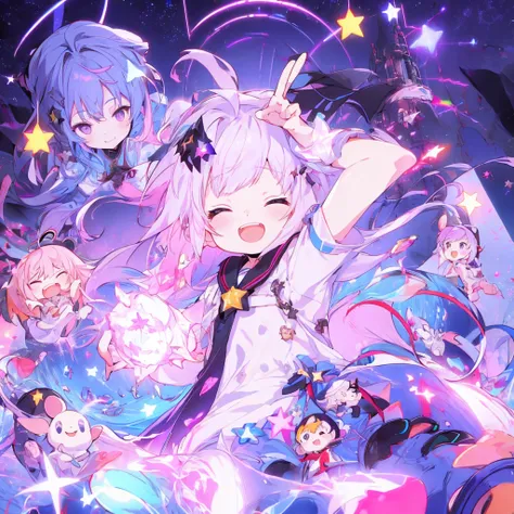 6+  girl, Multicolored Hair, Random Heroine Outfit, Random Cute Faces, Game heroine, Very happy smile,  Open Mouse,  eyes closed ,  group shot , Zoom Camera,  peace sign, Happy Ending,  starry sky 、(( pretty face、Baby Face、 Dynamic Best Composition 、 super...