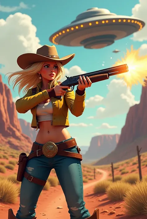 Cowgirl fighting against UFO, a stunning 1girl character rendered in pixel art, featuring a cowgirl with cowboy hat, belt buckle, blonde hair styled as floating and messy, big breasts, a detailed gun holder, a loaded gun, and a bullet belt across her chest...